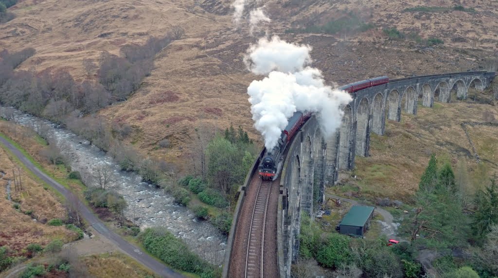 Drone screen grab from Highland Spring Ad Glenfinnan Steam Train